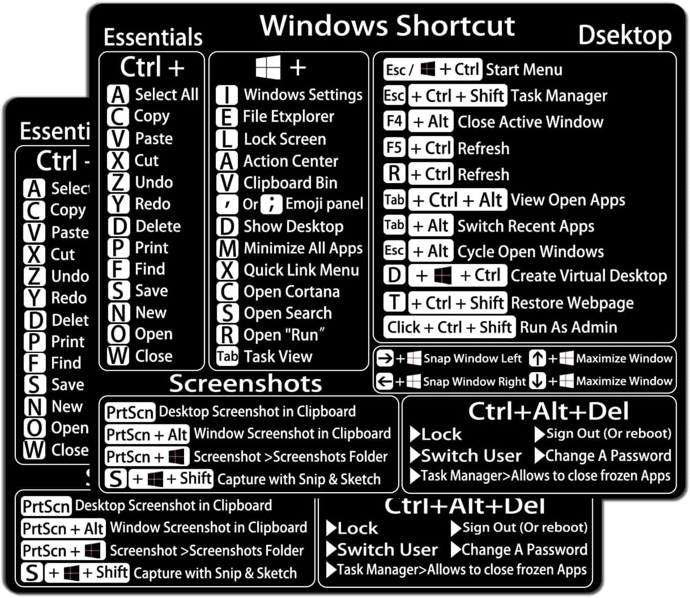 2-Pack丨Windows Shortcut Sticker丨, Keyboard Shortcut Vinyl Sticker, Laptop Keyboard Shortcuts Stickers for Windows System Any PC Computer Laptop Desktop Notebook-Black Background with White Letters