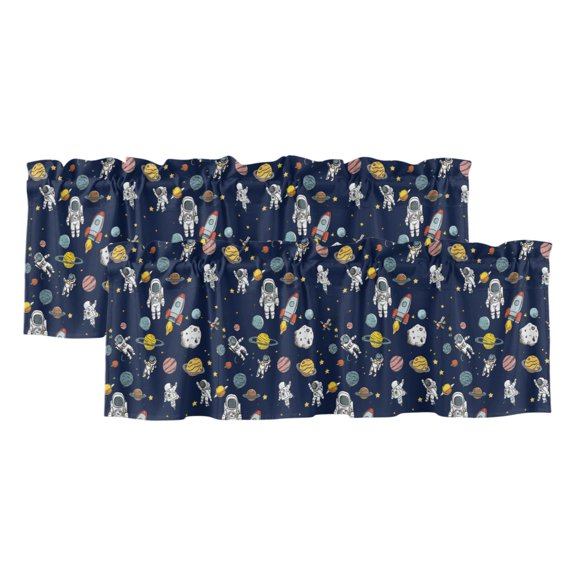 2 Pack Windows Valance for Kitchen,Cartoon Rocket Space Planet Rod Pocket Short Curtain Panels Window Treatment for Bathroom Bedroom Living Room,Mysterious Universe Navy Blue
