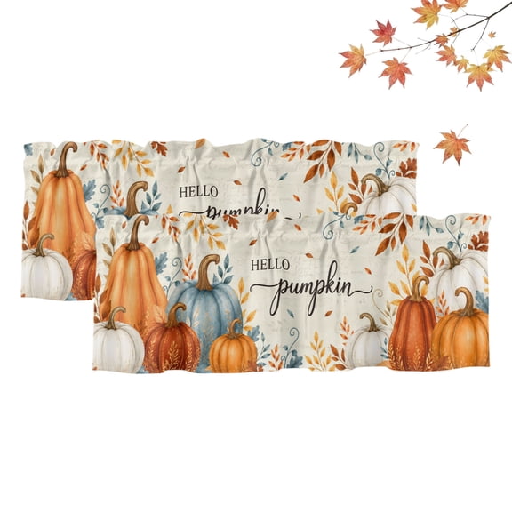 2 Pack Windows Valance for Kitchen,Fall Thanksgiving Watercolor Pumpkin Rod Pocket Short Curtain Panels Window Treatment for Bathroom Bedroom Living Room,Farm Bird Leaves Plant