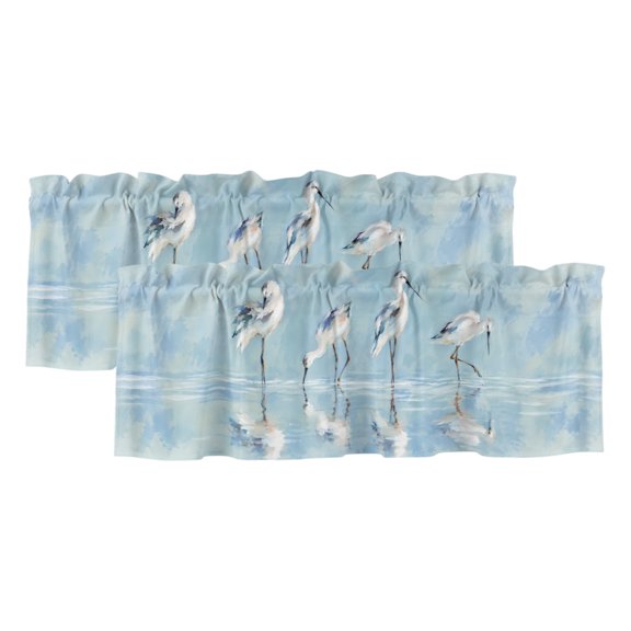 2 Pack Windows Valance for Kitchen,Standing Egret Flock Rod Pocket Short Curtain Panels Window Treatment for Bathroom Bedroom Living Room,Distant Coastal Horizon