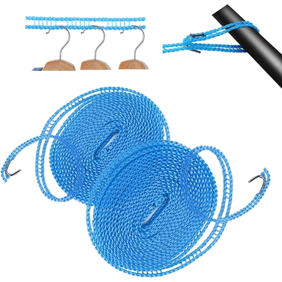 2 Pack Windproof Clothes Line with Hooks 16.4 feet Blue Nylon Clothesline
