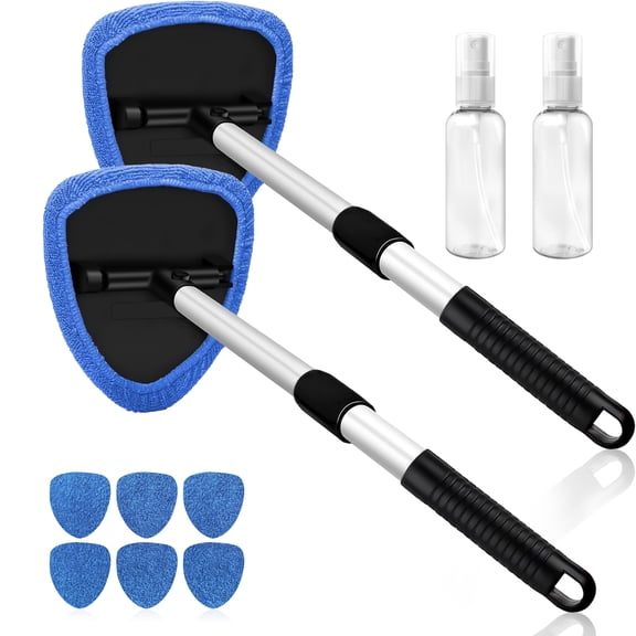 2-Pack Windshield Cleaner Tool with 180° Rotating Head, Car Window Cleaner Tool with Extendable Handle, 8 Reusable Microfiber Covers and 2 Spray Bottles, Car Windshield Cleaning Brush for Effortless
