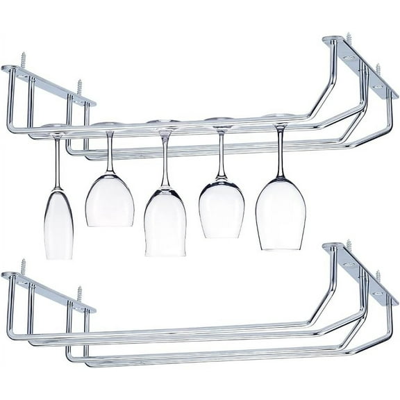 2 Pack Wine Glass Rack Iron 2 Rows Wine Glass Storage Hanger Under Cabinet Goblet Storage Hanger Wall Mounted Hanging Shelf Wine Cup Display Stand for Kitchen Bar Restaurant Platinum