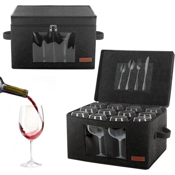 2 Pack Wine Glass Storage Box with Dividers, Stemware Storage Containers for Packing and Moving, China Storage Containers Box for 12 Crystal Glassware, Wine Glasses, Drinkware,Dark Gray