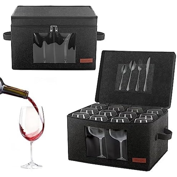 2 Pack Wine Glass Storage Box with Dividers, Stemware Storage Containers for Packing and Moving, China Storage Containers Box for 12 Crystal Glassware, Wine Glasses, Drinkware,Dark Gray