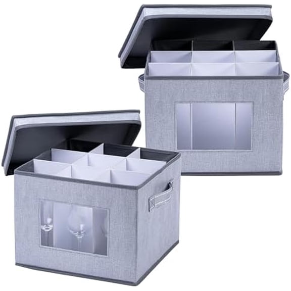 2 Pack Wine Glass Storage Box, Stemware Storage Case Hard Shell, Christmas Holiday Ornaments China Containers with Dividers & Handles for Moving Crystal Glassware Champagne Flute (for 18 Glasses)