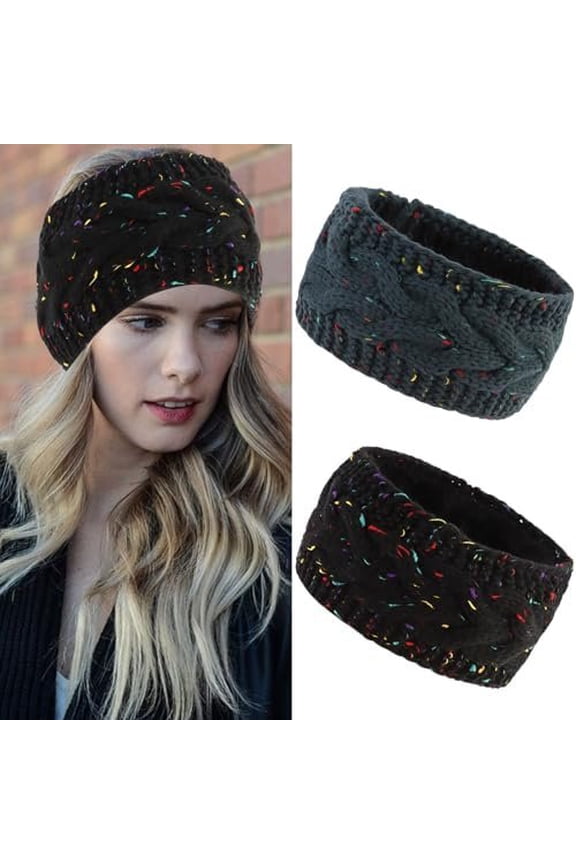 2 Pack Winter Headbands for Women Knitted Headbands Fuzzy Fleece Lined Chunky  Knit Ear Warmer Thick Headband Warm Headband for Women Winter Accessories