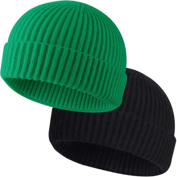 2 Pack Winter Short Plain Roll-up Edge Knitted Skullcap, Wool Fisherman Beanies for Men, Knit Short Watch Cap Winter Warm Hats