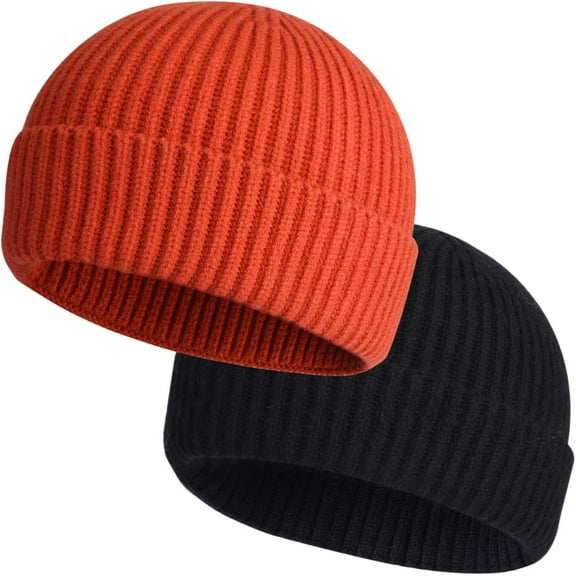2 Pack Winter Short Plain Roll-up Edge Knitted Skullcap, Wool Fisherman Beanies for Men, Knit Short Watch Cap Winter Warm Hats