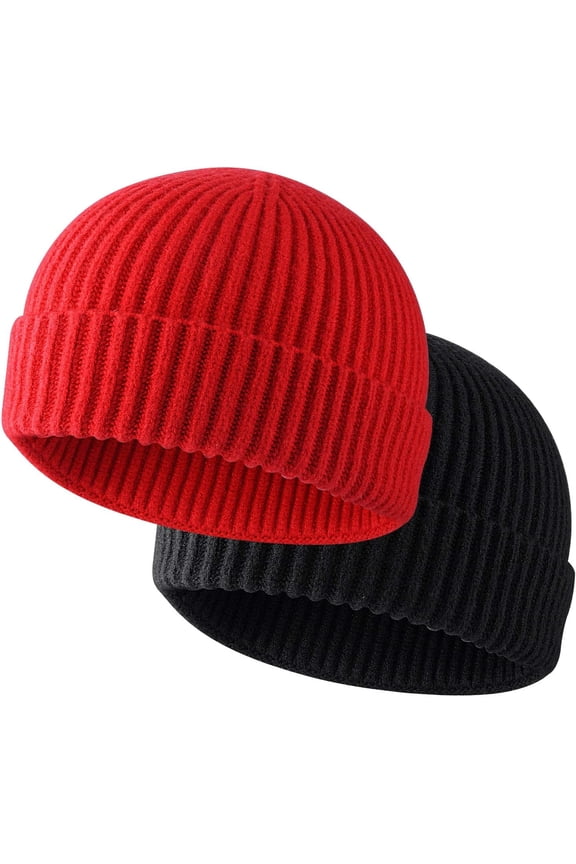 2 Pack Winter Short Plain Roll-up Edge Knitted Skullcap, Wool Fisherman Beanies for Men, Knit Short Watch Cap Winter Warm Hats