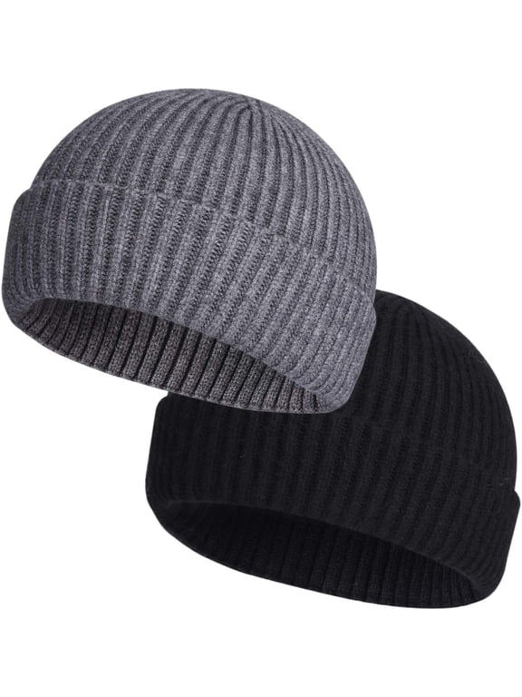 2 Pack Winter Short Plain Roll-up Edge Knitted Skullcap, Wool Fisherman Beanies for Men, Knit Short Watch Cap Winter Warm Hats