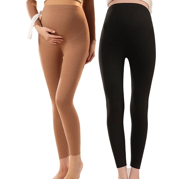 2 Pack Winter Velvet Maternity Pants, Adjustable High Waisted Fleece Lined Leggings for Pregnant Women, Warm Thermal Pregnancy Trousers with Belly Support