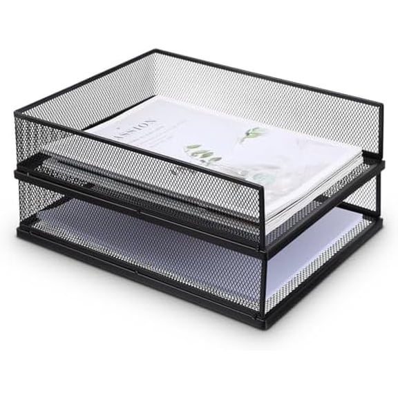 2 Pack Wire Mesh Letter Trays Paper Tray Desk File Organizer, Stackable Metal Front-Load Documents Tray for Office Supplies File$$Office