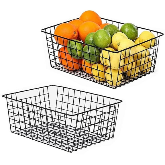 2 Pack Wire Storage Basket,14.17 x 11 x 6.3 inch Perfect Kitchen Organization Pantry Storage Basket —Bathroom Organizers and Storage, Wire Storage Freezer Baskets for Laundry, Garage, Refridge,Black