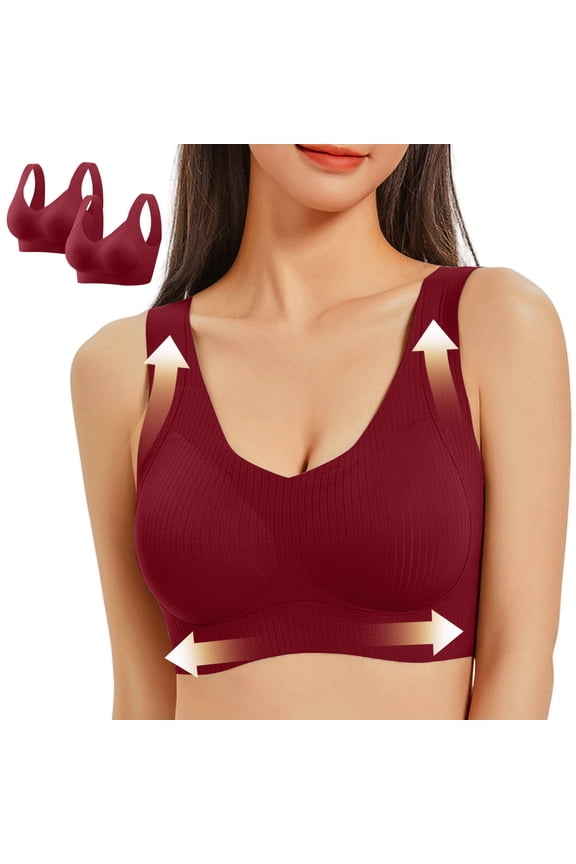 2 Pack Wirefree Bras For Women Seamless Supportive Push Up Anti Sagging Plus Size Bralettes Breathable Comfy Bras (L, Red)