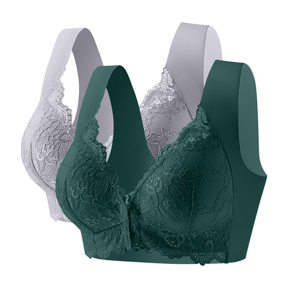 2 Pack Wireless Bras For Women Plus Size Lace Breathable Comfortable Bras Deep V No Underwire Seamless Everyday Underwear (4XL, Green,Gray)
