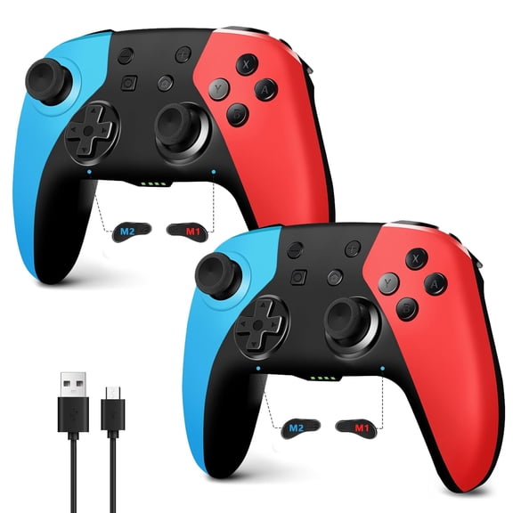 2 Pack Wireless Controller for /Lite/OLED, Hall Effect Joystick Pro with Wake-Up/Turbo/Dual Vibration/Programmable (Red+Blue)