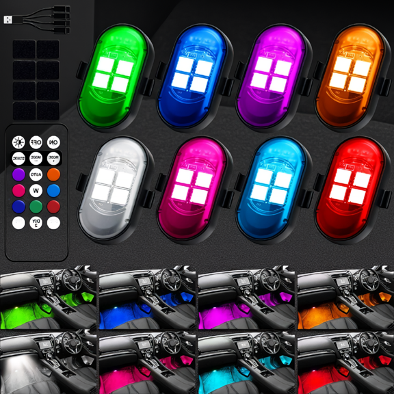 2-Pack Wireless LED Car Interior Lights, 8 Colors 10 Modes, Type-C Rechargeable, Remote Control, 12H , IP67 Waterproof