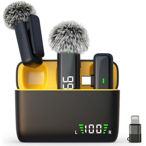 2 Pack Wireless Lavalier Clip‑on Microphone, Noise Cancelling Lapel Mic with 24H Charging Case, 70Ft Transmission Range for Audio Recording, Vlog, TikTok, Instagram, Compatible with iPhone 14/13/12