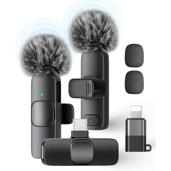 2 Pack Wireless Lavalier Lapel Mic - Plug and Play Noise Reduction Mini Microphone for iPhone iPad Android Phone Tablets, 65FT Transmission 10H Battery Life for Video Recording Interview Podcast Vlog
