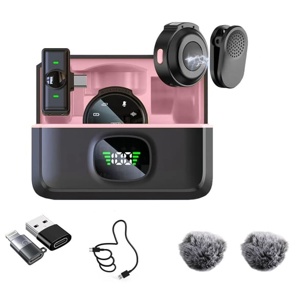 2 Pack Wireless Lavalier Microphone for iPhone 16, Android,iPhone, ipad with Adapter Included, Noise Cancellation Mini Lapel Mic for YouTube, Recording, Vlog, Facebook Live Streaming Pink