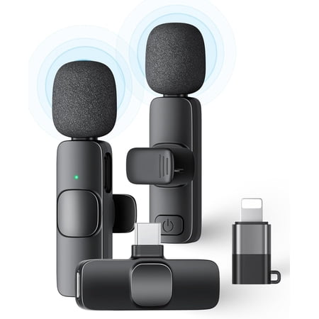 2 Pack Wireless Lavalier Microphone for iPhone iPad and Android Phone, Lapel Mic Plug and Play Wireless Mic Noise Reduction Mini Microphone for Video Recording Interview Podcast Vlog YouTube Tiktok