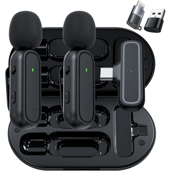 2 Pack Wireless Microphone for Android iPhone iPad with Adapter Included Noise Reduction Plug-Play Clip on Lapel Mic for Video, Recording, Interview Podcast, Vlog, YouTube
