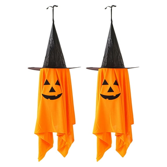 2 Pack Witch Hanging Decorations, Cute Pumpkin Ornaments for Outdoor Party