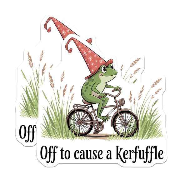 (2 Pack) Wizard Frog on Bicycle Stickers - Kerfuffle Quote Decal - Humorous Fantasy Creature Sticker - 5" On Longest Side - Sticks to Smooth Flat Surfaces - Made in USA - BMCS20665