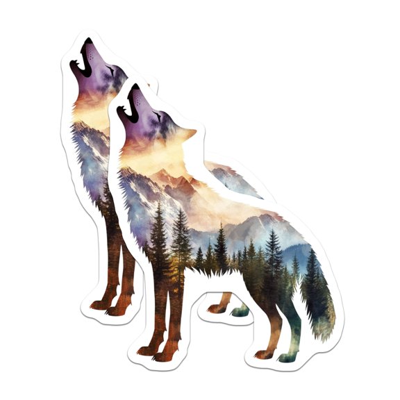 (2 Pack) Wolf Howling Magnets - Mountain Scene Decor - Nature Lover Fridge Embellishments - 5" On Longest Side - Premium Magnet - for Cars, Refrigerators, Toolboxes, Lockers - Made in USA - MAG15816