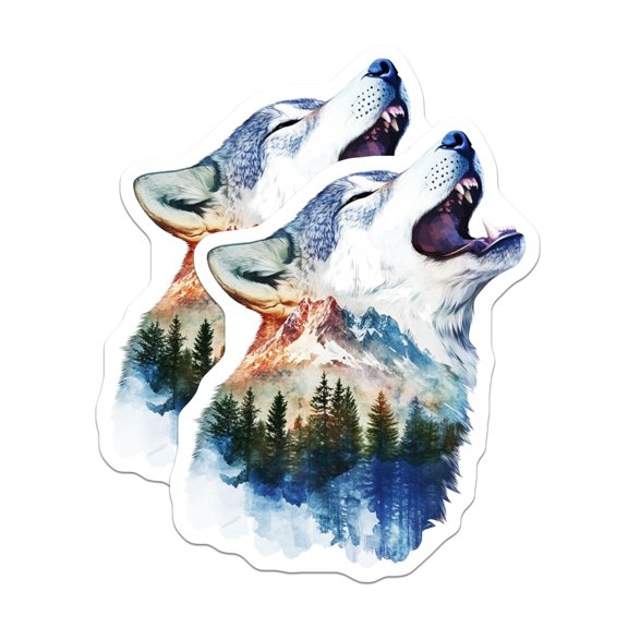(2 Pack) Wolf Howling Magnets - Mountain Scene - Nature Art Magnets - 5" On Longest Side - Premium Magnet - for Cars, Refrigerators, Toolboxes, Lockers - Made in USA - MAG15358