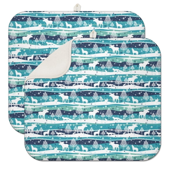 2 Pack Wolf Howling Print Dish Drying Mats - Super Absorbent Microfiber Heat Resistant Kitchen Countertop Protector with Tribal Design for Dishes, Pots & Glassware (Grey Moonlight Aesthetic)