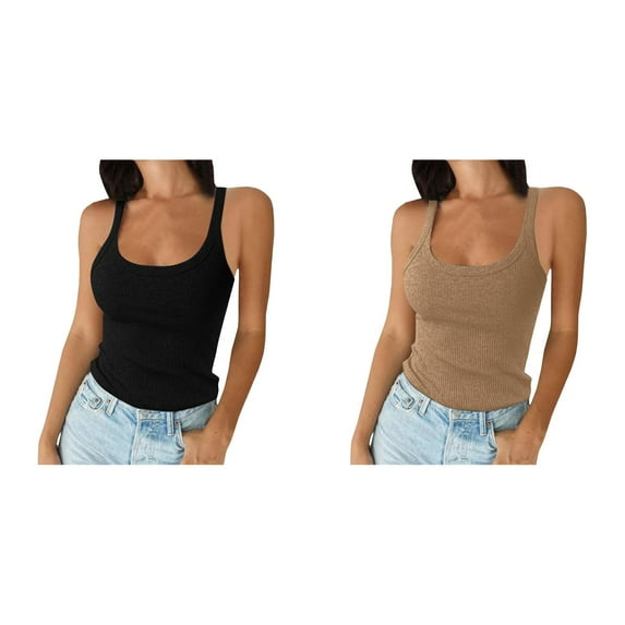 2 Pack Woman Tank Top Women Spaghetti Strap Scoop Neck Ribbed Tank Tops Slim Fitted Camisole Basic Sleeveless Layering Shirts Womens Tank Tops Dressy Casual XL