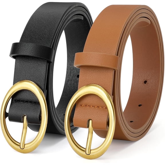 2 Pack Women Belts for Jeans Pants Fashion Ladies Dress Belt with Gold Buckle