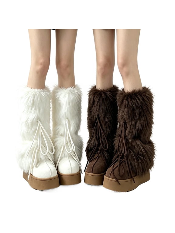 2Pack Women Faux Fur Mid Calf Platform Boots, Y2K Fluffy Furry LaceUp Winter Snow Boots, Warm Cosplay Goth Chunky High Heel Boots for Women