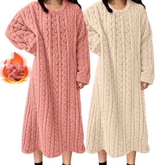 2 Pack Women Flannel Nightgowns Cable Knit Cozy Plush Long Sleeve Winter Warm Nightdress