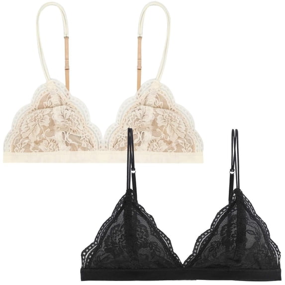 2 Pack Women French Floral Lace Bralette, Wireless Thin Triangle Cup Bra, Light Push Up Bras for Small Bust Teen Girls Daily Wear