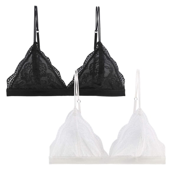 2 Pack Women French Floral Lace Bralette, Wireless Thin Triangle Cup Bra, Light Push Up Bras for Small Bust Teen Girls Daily Wear