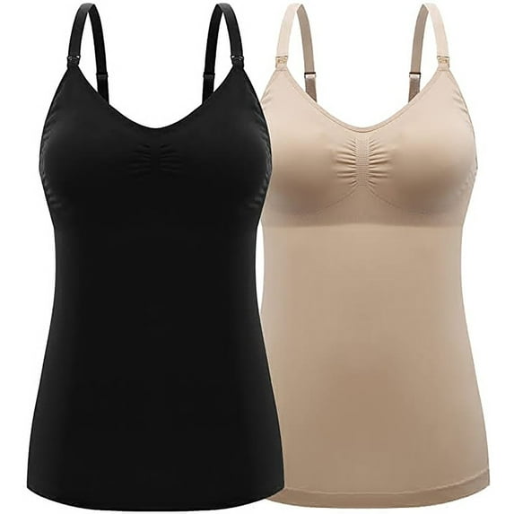 2 Pack Women High Elastic Body Shaping Front Buckle Nursing Underwear Camisole Cami Compression Tank Tops Adjustable Straps Beige and Black XL