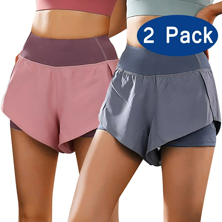 2 Pack Women High Waist Workout Yoga Shorts Tummy Control Running Athletic  Non See-Through Double Layer Side Pockets Skinny Sport Gym Pants 