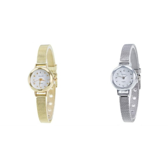 (2-Pack) Women Ladies Stainless Steel Watch with Light Mesh Band Wrist Watch Womens Stretch Band Watches Gold