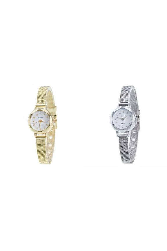(2-Pack) Women Ladies Stainless Steel Watch with Light Mesh Band Wrist Watch Womens Stretch Band Watches Gold