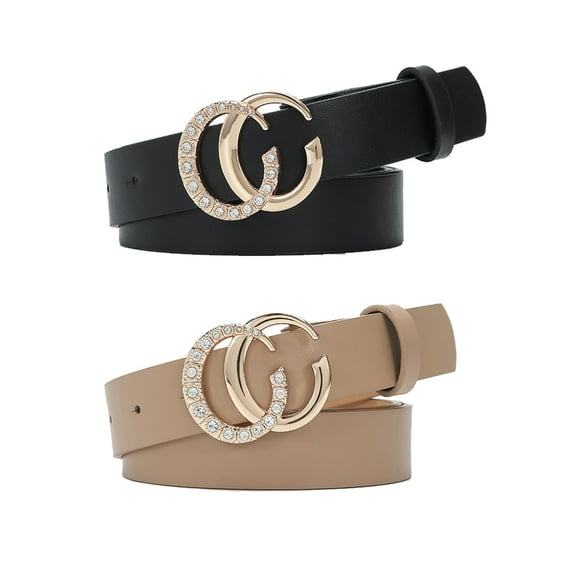 2 Pack Women Leather Belt, Adjustable Stretch Belt for Jeans Pants, Black+Brown