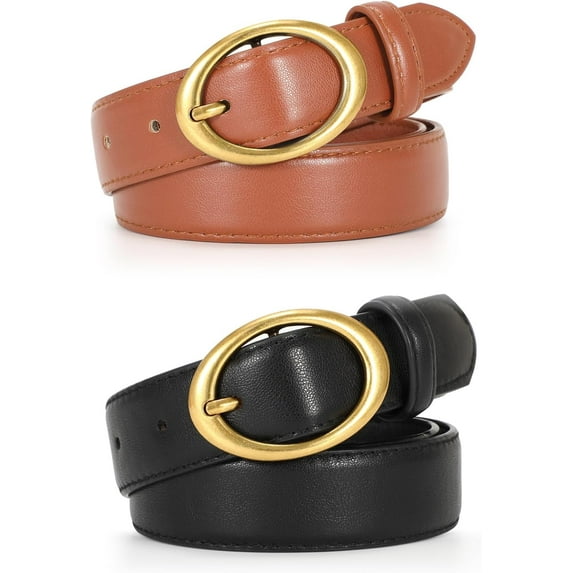 2 Pack Women Leather Belt for Jeans Pants Fashion Design Belt with Oval Gold Buckle