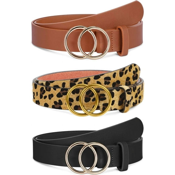 2 Pack Women Leather Belts Faux Leather Jeans Belt with Double O-Ring Buckle Size up to 58 inch