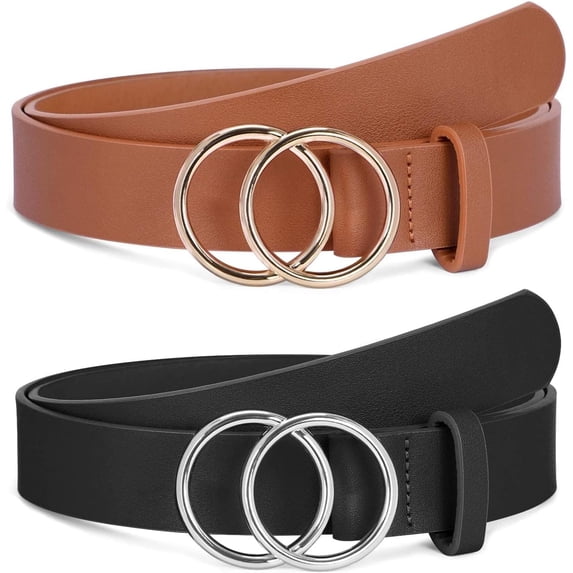 2 Pack Women Leather Belts Faux Leather Jeans Belt with Double O-Ring Buckle Size up to 58 inch