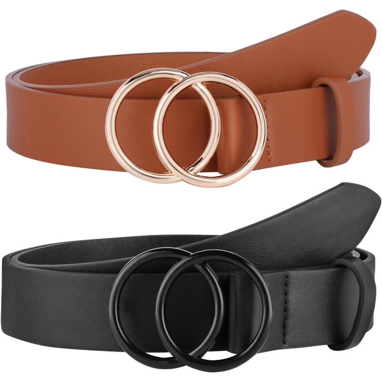 2 Pack Women Leather Belts Faux Leather Jeans Belt with Double O-Ring Buckle Siz 2 Pack Women Leather Belts Faux Leather Jeans Belt with  main image 2
