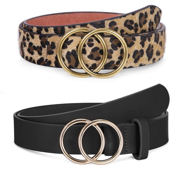 2 Pack Women Leather Belts Faux Leather Jeans Belt with Double O-Ring Buckle Size up to 58 inch