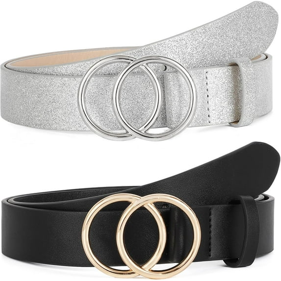 2 Pack Women Leather Belts Faux Leather Jeans Belt with Double O-Ring Buckle Size up to 58 inch