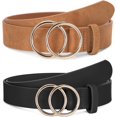thumbnail image 1 of 2 Pack Women Leather Belts Faux Leather Jeans Belt with Double O-Ring Buckle Size up to 58 inch, 1 of 6